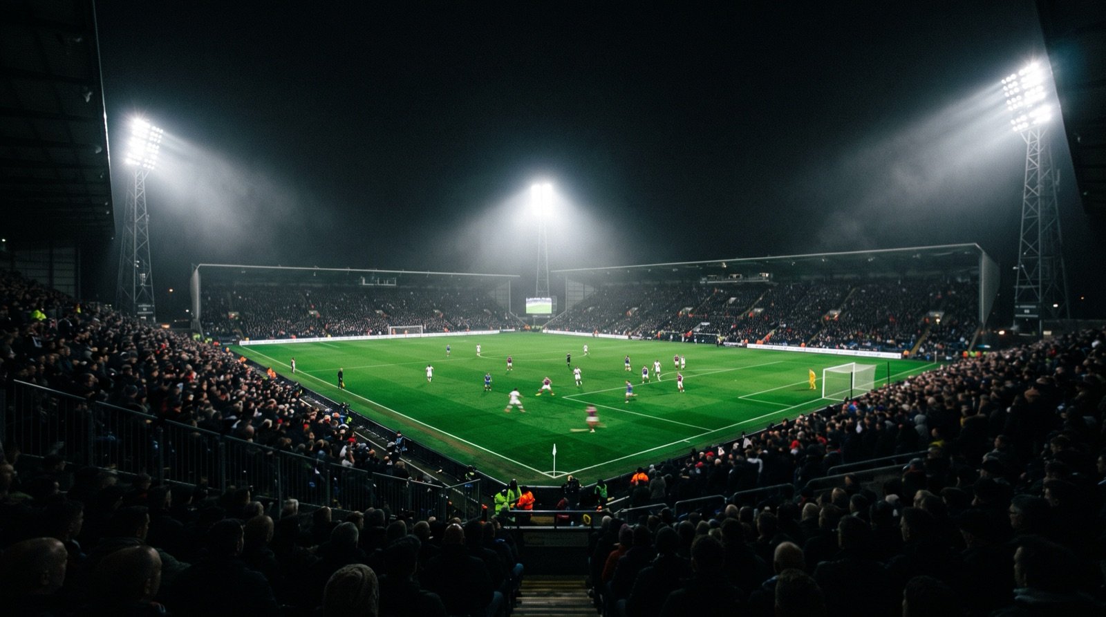 Estadio de fútbol iluminado durante un partido nocturno
