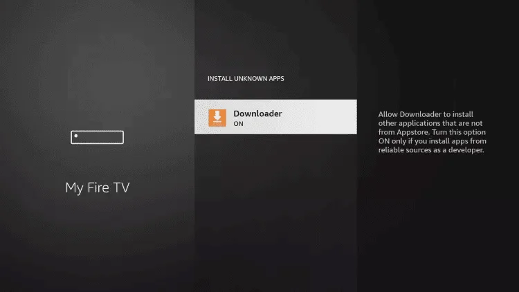 Ajustes del Fire TV Stick con la opción Instalar aplicaciones desconocidas activada para Downloader