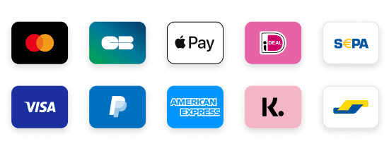 Métodos de pago aceptados: Visa, Mastercard, American Express, PayPal, Apple Pay, Klarna, iDEAL, SEPA y Carte Bancaire