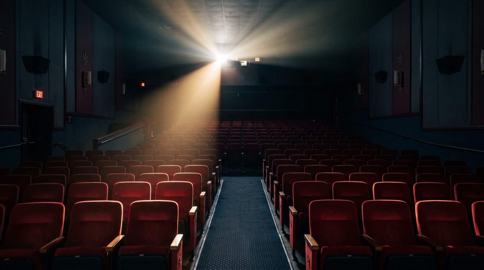 Sala de cine a oscuras con las butacas iluminadas por la proyección